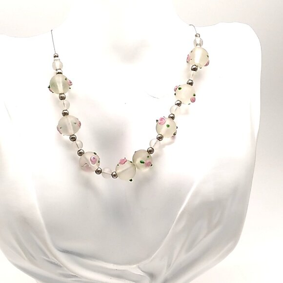 Artisan Frosted Lampwork Glass & Sterling Silver Beaded Pink Rose Design Necklac - Picture 14 of 16